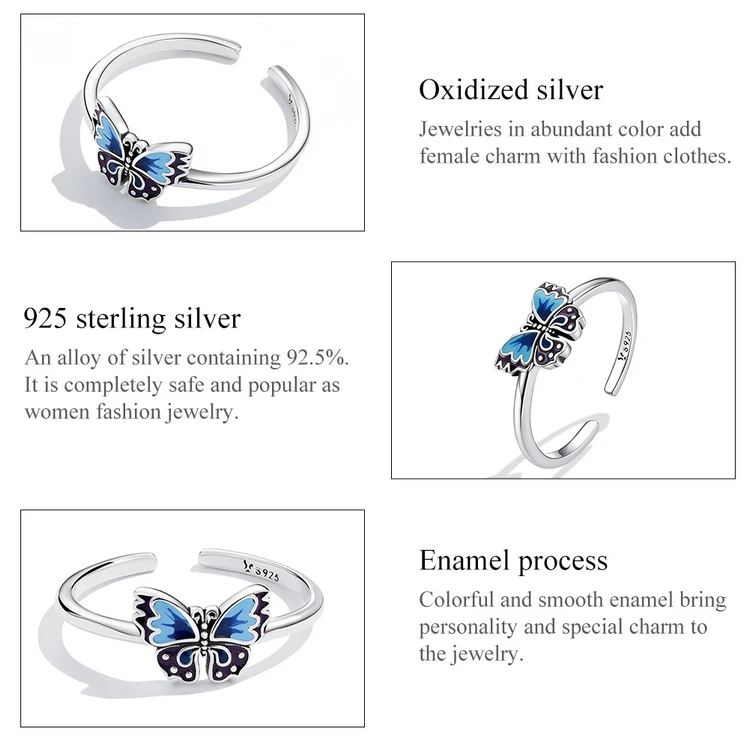 silver earrings BAMOER 925 Sterling Silver Vintage Butterfly Open Ring for Women Retro Butterfly Simple Silver Ring Fine Jewelry Dainty Gift wedding rings for women