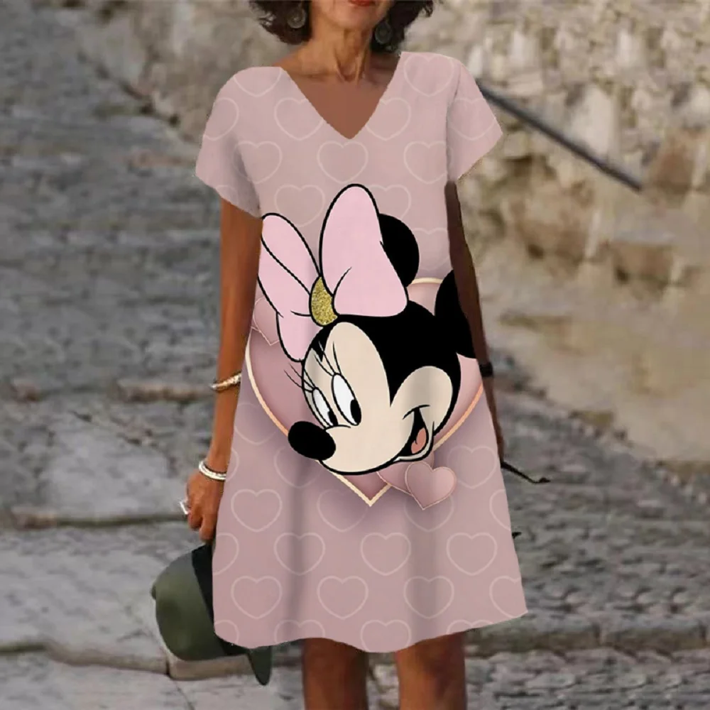 thumbnail image 1 of Nuevos vestidos cortos sexis de verano para fiesta para mujer, vestido con cuello en V y estampado de Mickey Mouse de Disney, vestido hasta la rodilla de manga corta XS-5XL para mujer, 1 of 5