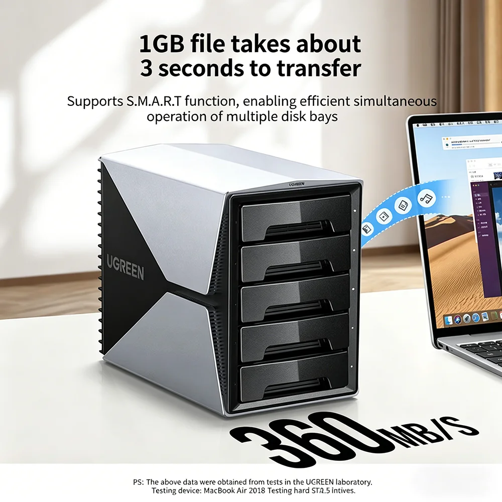 UGREEN 5베이 외장 하드 드라이브 인클로저, RAID 없음, SATA to USB C 5Gbps, 전원 어댑터 지원, 2.5/3.5 HDD SSD 최대 160TB 지원