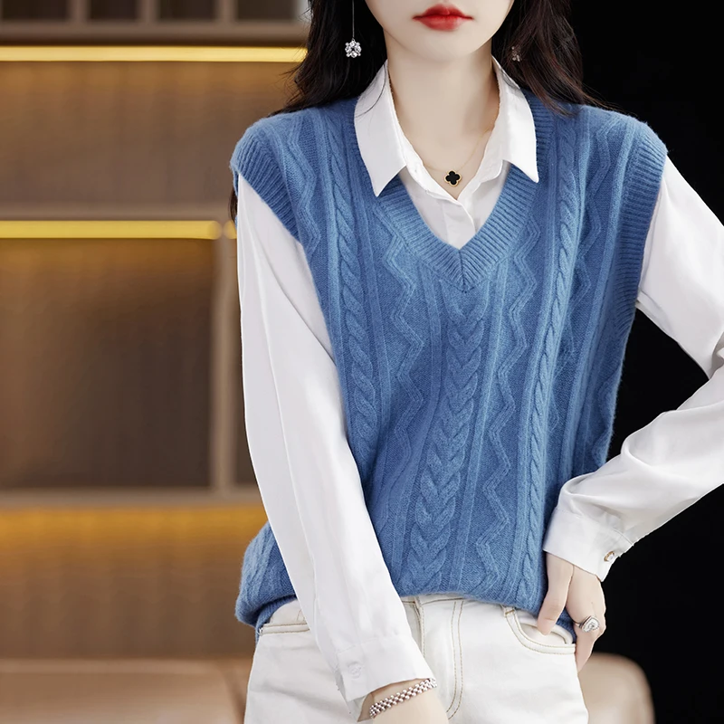 

Women Cashmere Cable-Knit Sleeveless Sweaters Beige Camel Yellow Blue V-Neck Knitted Tank Pullover Sheep Woollen Braided Garment