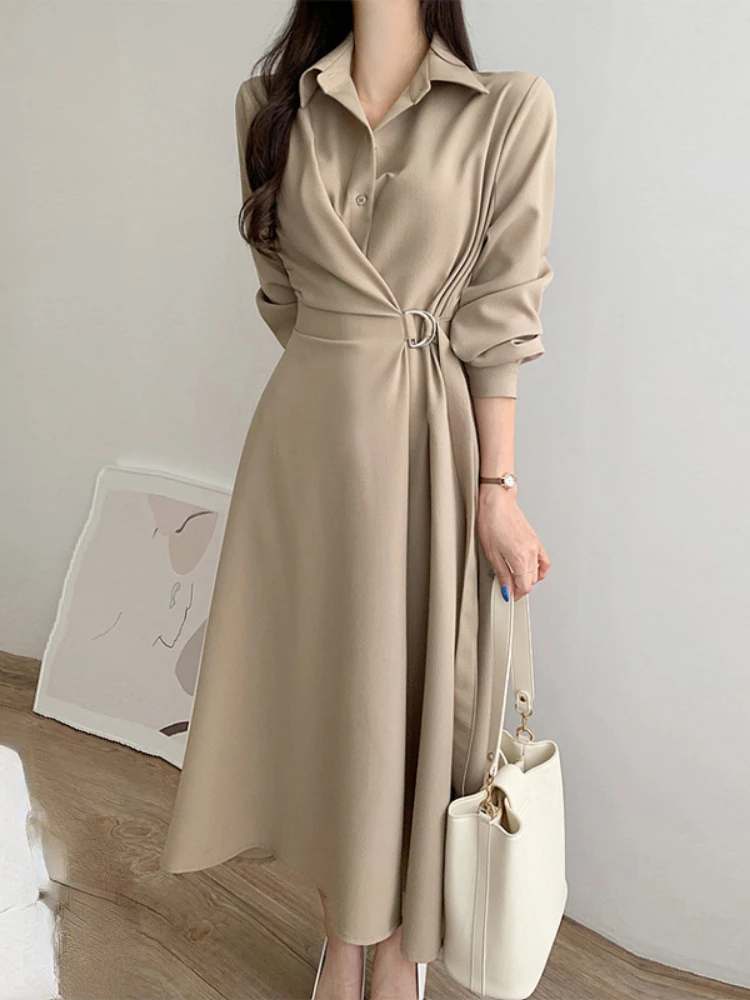 

Chic Autumn A-line Shirt Dress Korean Fashion Button Windbreaker Maxi Dress Ladies Elegant Outerwear Women Winter Clothes 2023