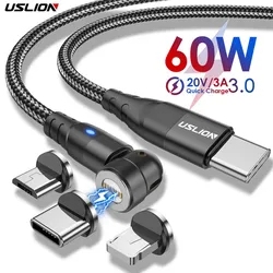 USLION 3 in 1 60W Magnetic Cable Quick Charge 4.0 USB C to Type C Cable PD Fast Charging For Samsung MacBook Data Charger Cable