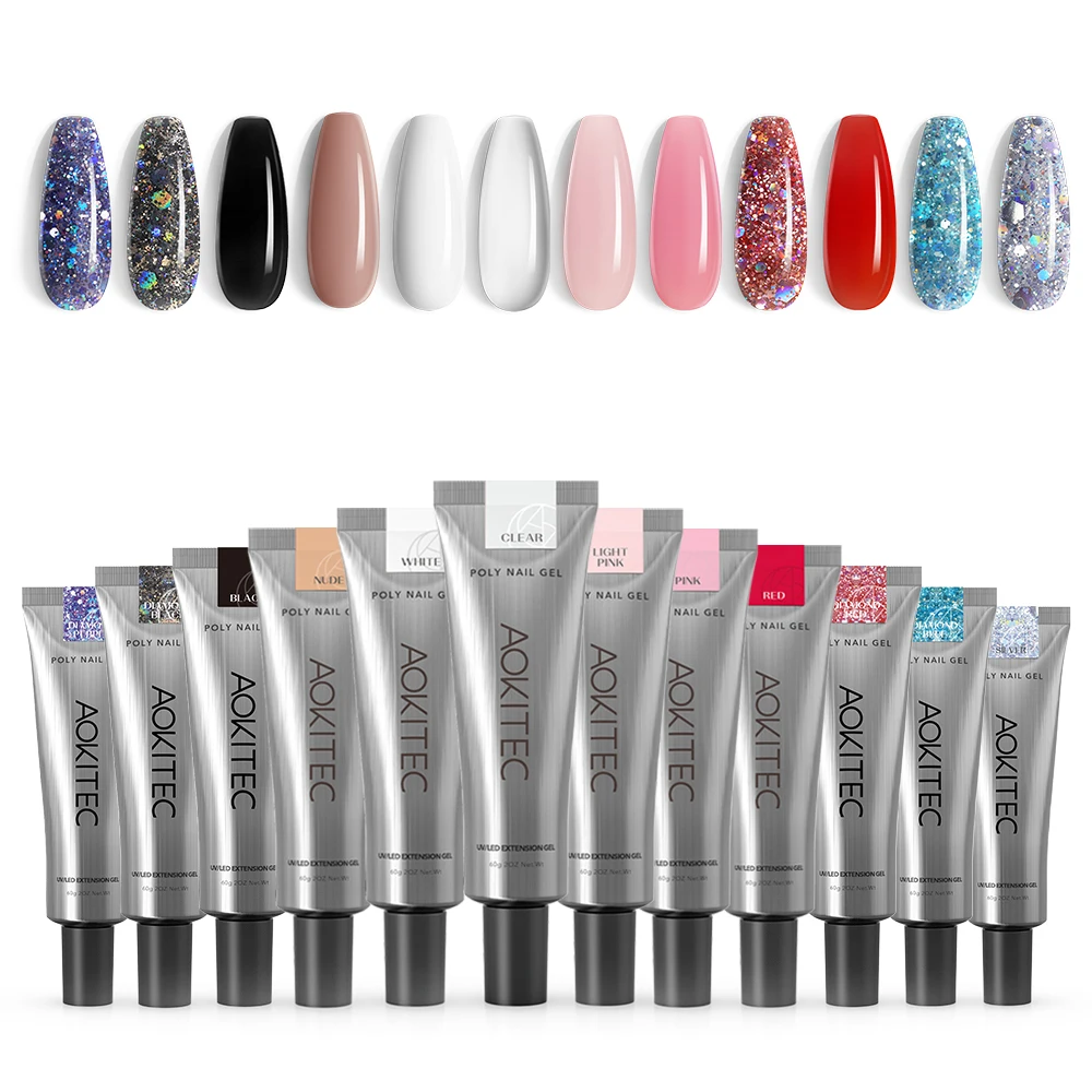 Aokitec 60G Poly Nail Gel Set Nail Art French Constraction Jelly Builder Extension Uv/Led Gel Nude Glitter Color Nail Art Design