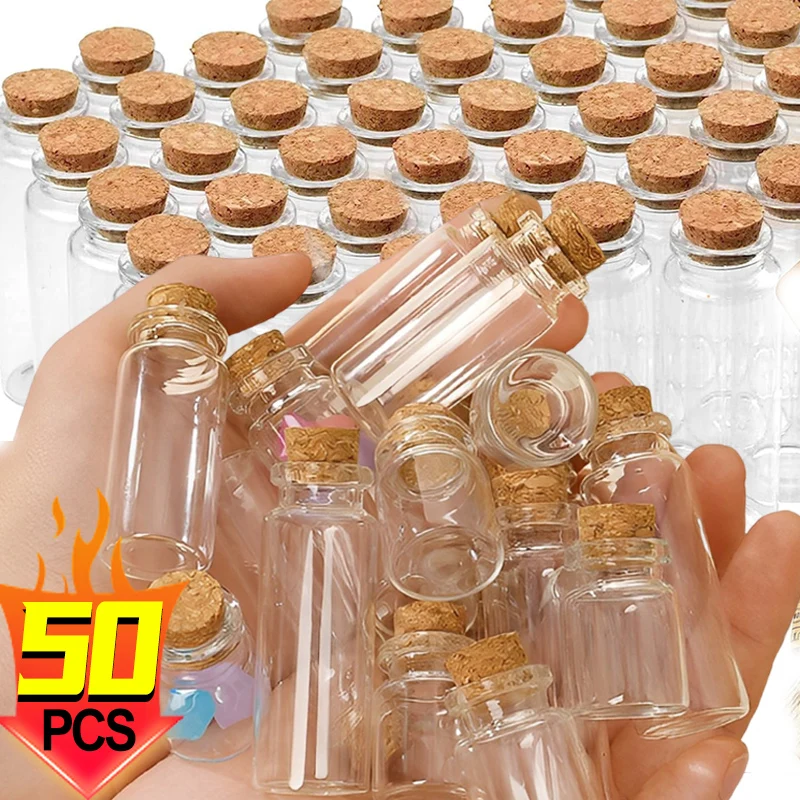 Mini Glass Bottles 50/10PCS Transparent Wishing Bottles Cork Stopper Storage Bottle Creative Candy Jars DIY Xmas Wedding Decor