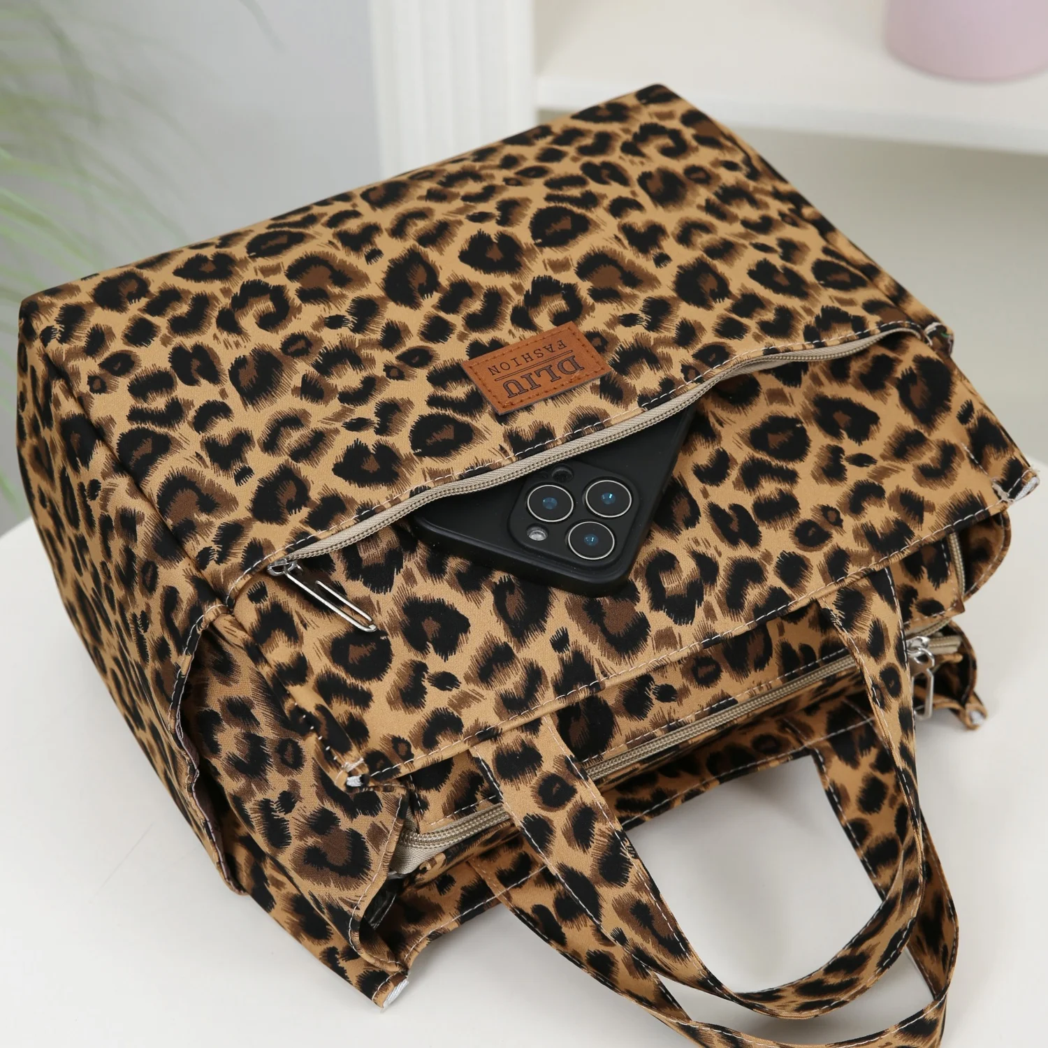 Neue große Lunch-Tasche, verdicktes Stofffutter mit Aluminiumfolie, Leopardenmuster, Handtasche, Lunchbox-Aufbewahrungstasche – Detail 8