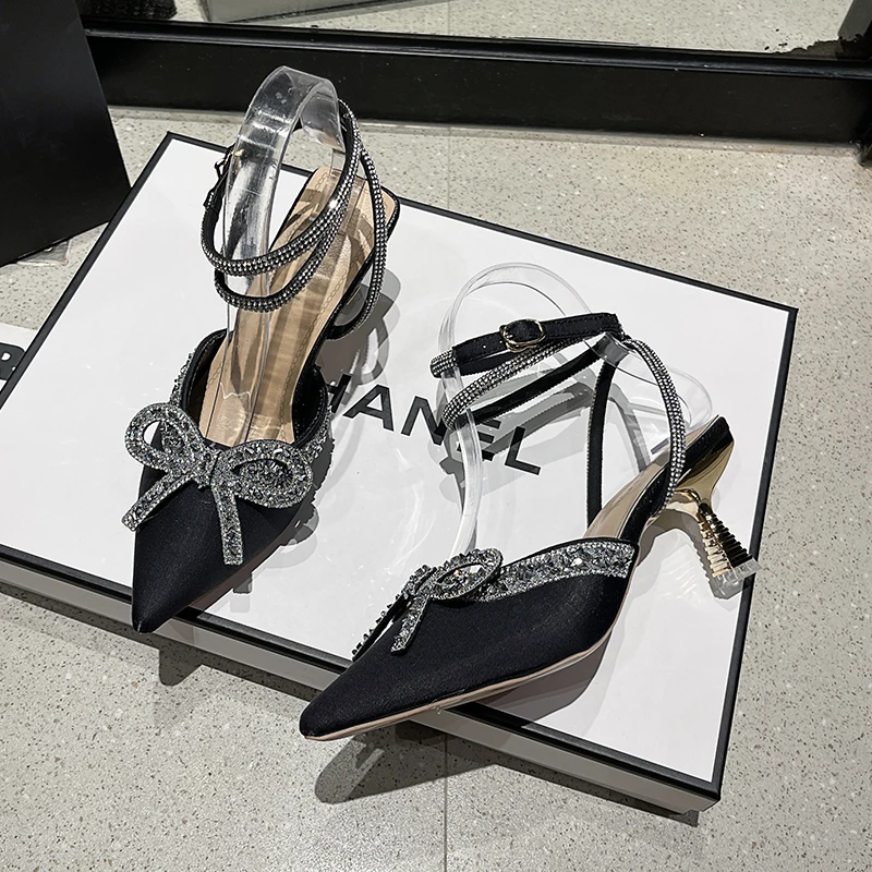 New Runway Style Glitter Rhinestones Women Pumps Crystal Bowknot Satin Summer Lady Shoes Genuine High Heels Party Prom Shoes