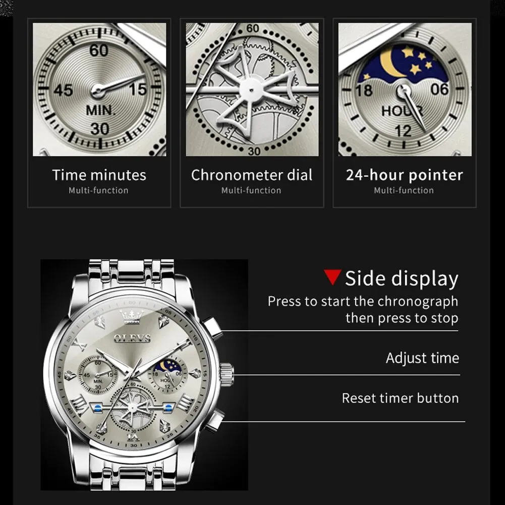 OLEVS Men's Luxury Quartz Wristwatch - Moon Phase Chronograph, Waterproof & Luminous