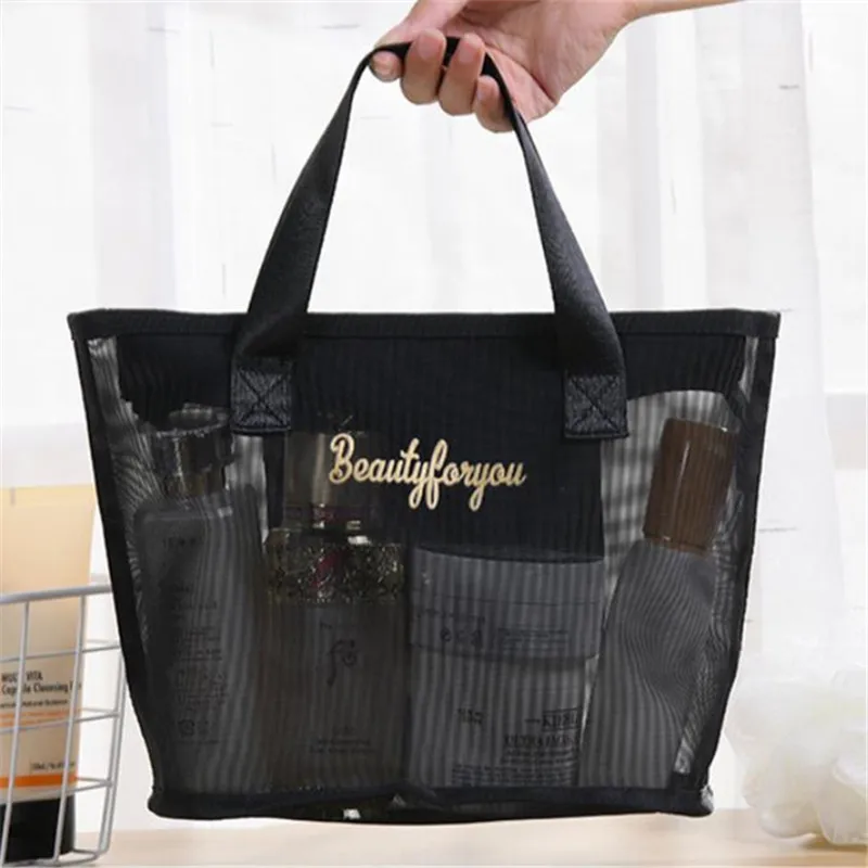 2pcs/set Chic Large Capacity Mesh Wash Bag Portable Travel Cosmetics Storage Bag Outdoor Beach Bath Tote Bag with Clutches Pouch