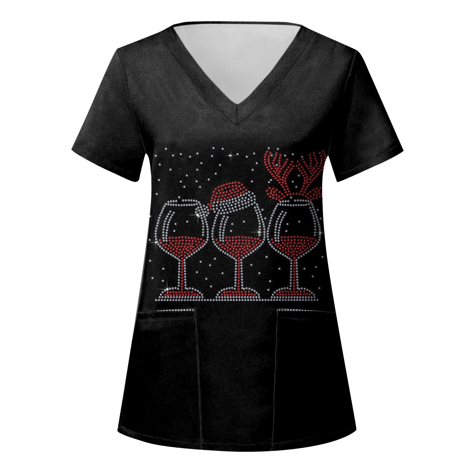 

Ladies Casual Christmas Graphic Printed V Neck Short Sleeve Pocket Loose Work Wear Leisure Care Workers T-Shirt Tops