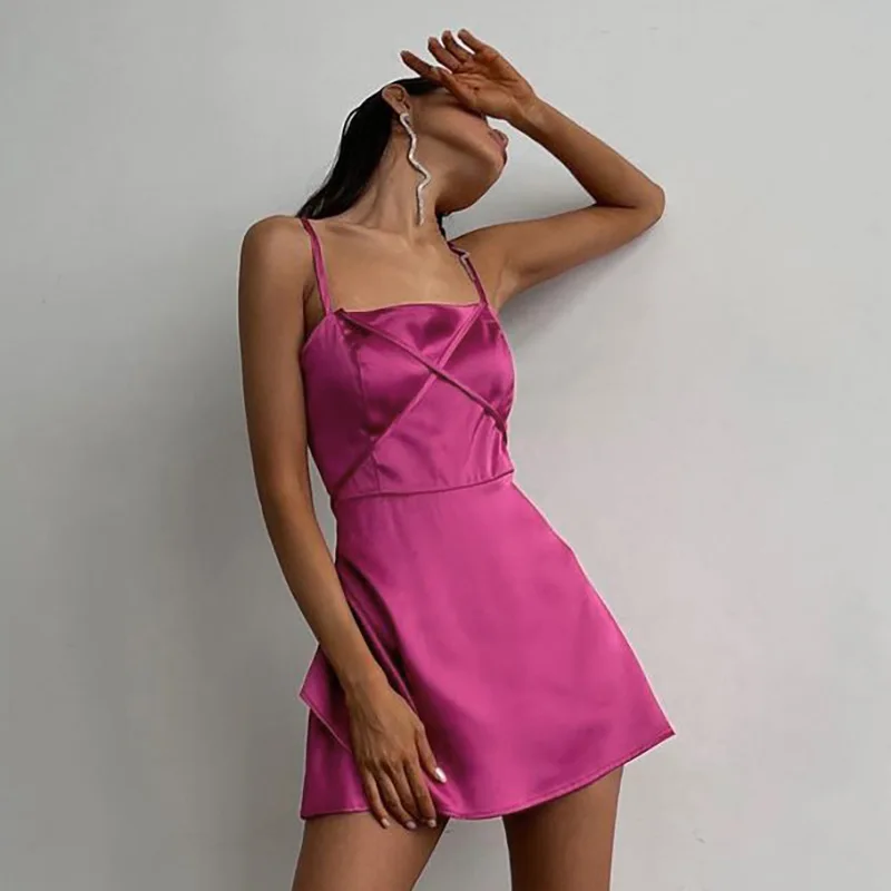 Lace Up Women A Line Satin Strap Mini Dress Backless Sexy Party Elegant Club Festival Summer Clothes vestido clothes drsses robe birthday dress