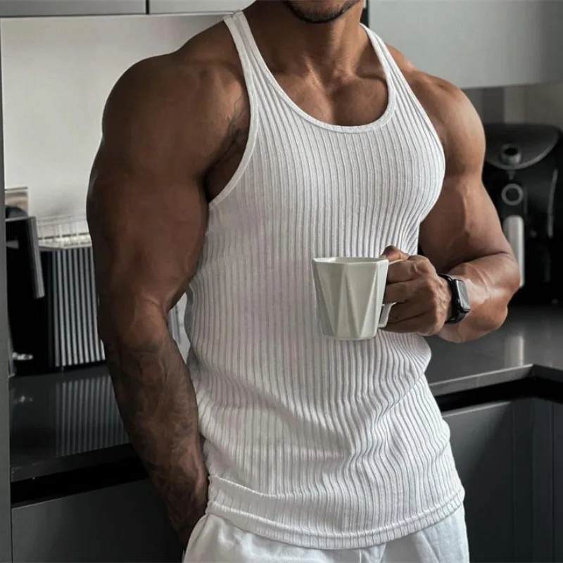 2024 الصيف الرجال سترة شريطية تي شيرت بلا أكمام لل...