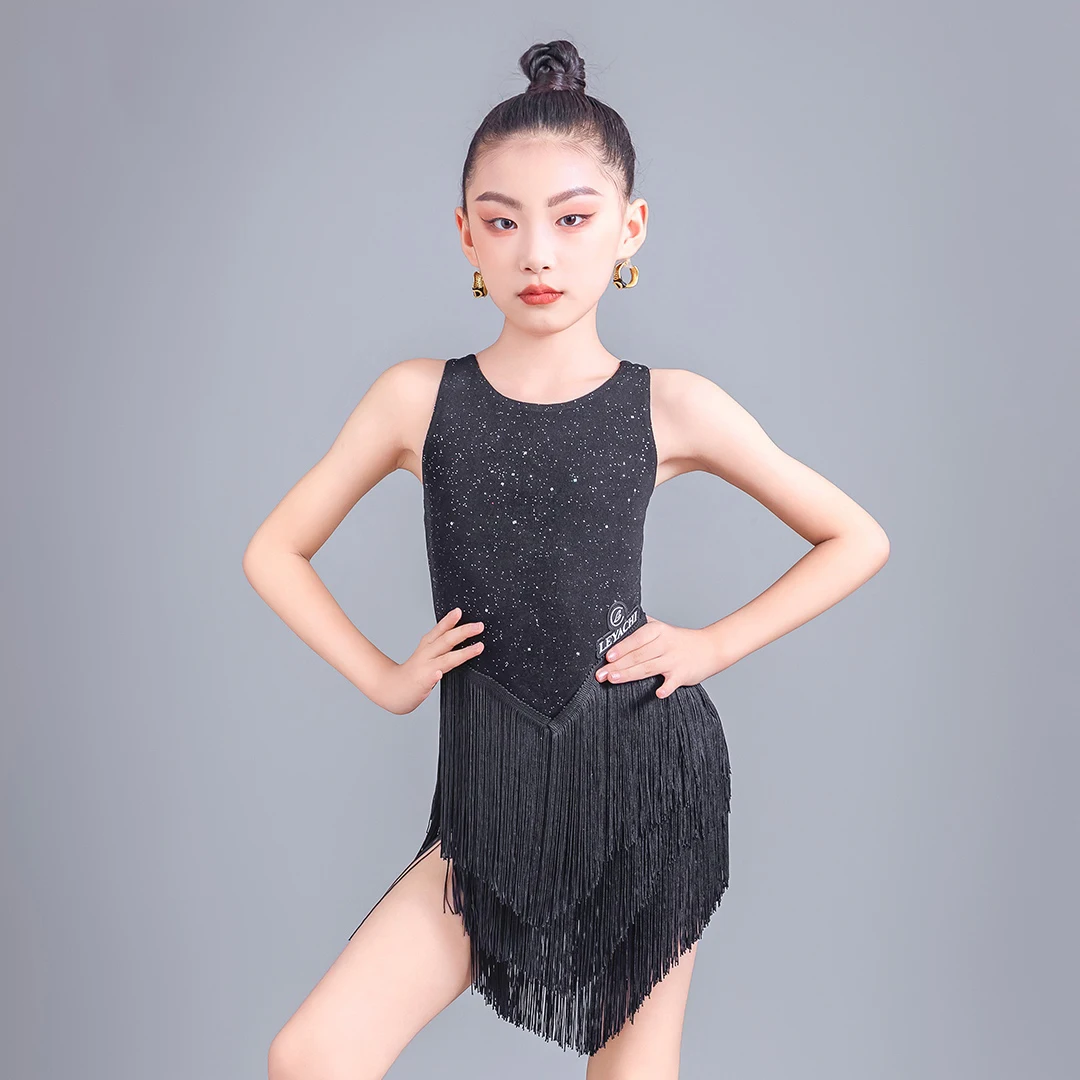 

New Latin Dance Dress For Girls Black Sleeveless Fringed Clothes Chacha Rumba Tango Performane Costumes Latin Clothes DQS14854