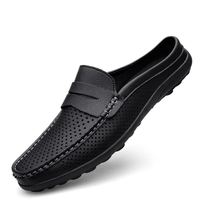 Summer Men Breathable Half Shoes Casual Leather Shoes White Black Slip On Loafers Shoes Big Size 46 47 Dropshipping 4