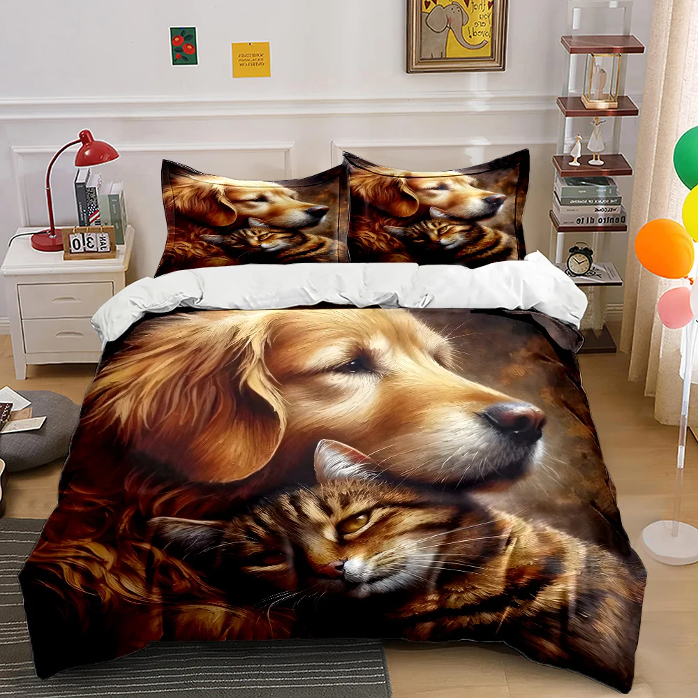 Warm dog and cat embrace painting Print Soft Comfortable Duvet Cover Bedding Set Included 1*Duvet Cover 2*Pillowcases 3