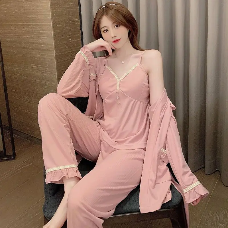 Cotton Three-piece Pajama Sets Women Pajamas Sexy Sleepwear Spring Autumn Long Sleeve Chest Pads Homewear Loungewear Pajamas