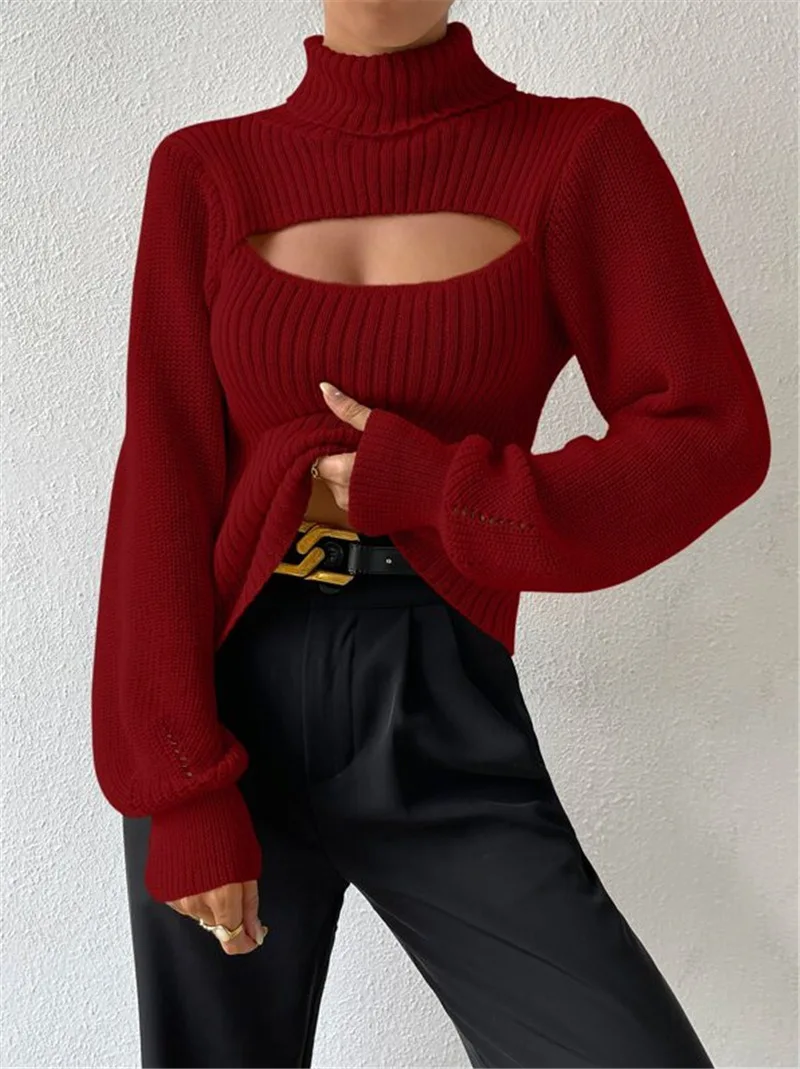 Hollow Out Knit Sweater Pullover For Women Turtleneck Fashion Ribbed High Street Long Sleeve Knitwear Loose Sweater Female
