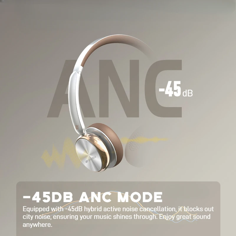 Sansui DT11 ANC Draadloze Bluetooth 5.4 Hoofdtelefoon -45dB Actieve Ruisonderdrukking Headsets 50H Speeltijd Over Ear Retro Oortelefoon - Afbeelding 3