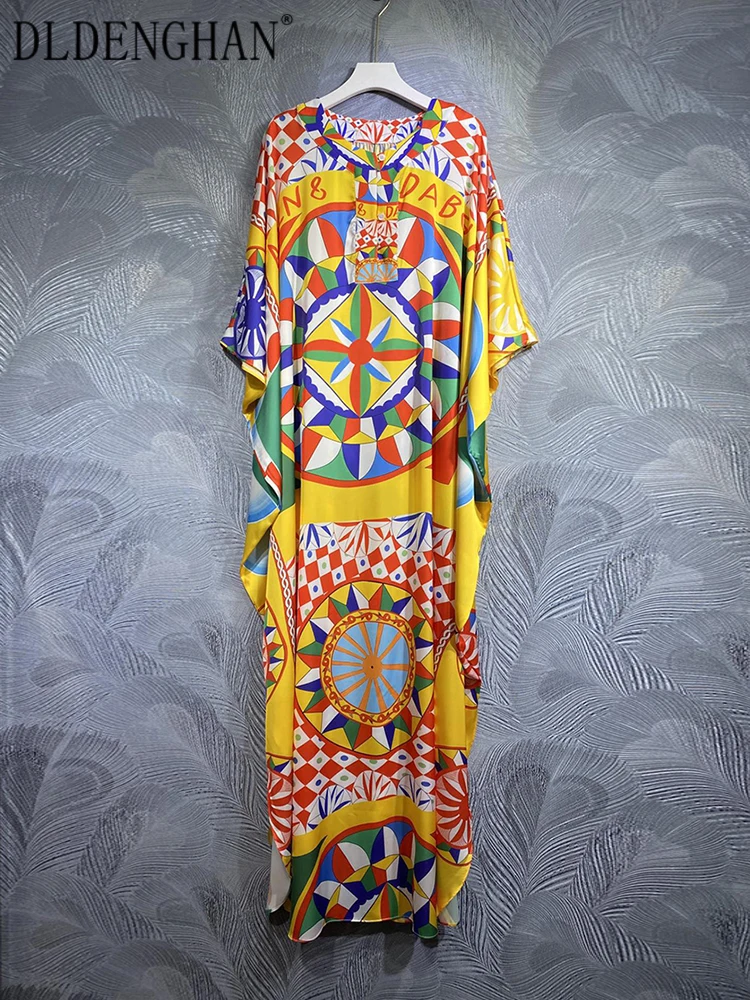 

DLDENGHAN Fashion Early Autumn Maxi Loose Dress Women O-Neck Batwing Sleeve Multicolor Letter Print Vintage Long Dresses