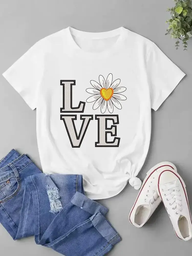 

Short Sleeve Clothing Fashion O-neck T Shirt Letter Flower Style Trend Graphic T-shirts For Women Print Tee Top Womens Clothes