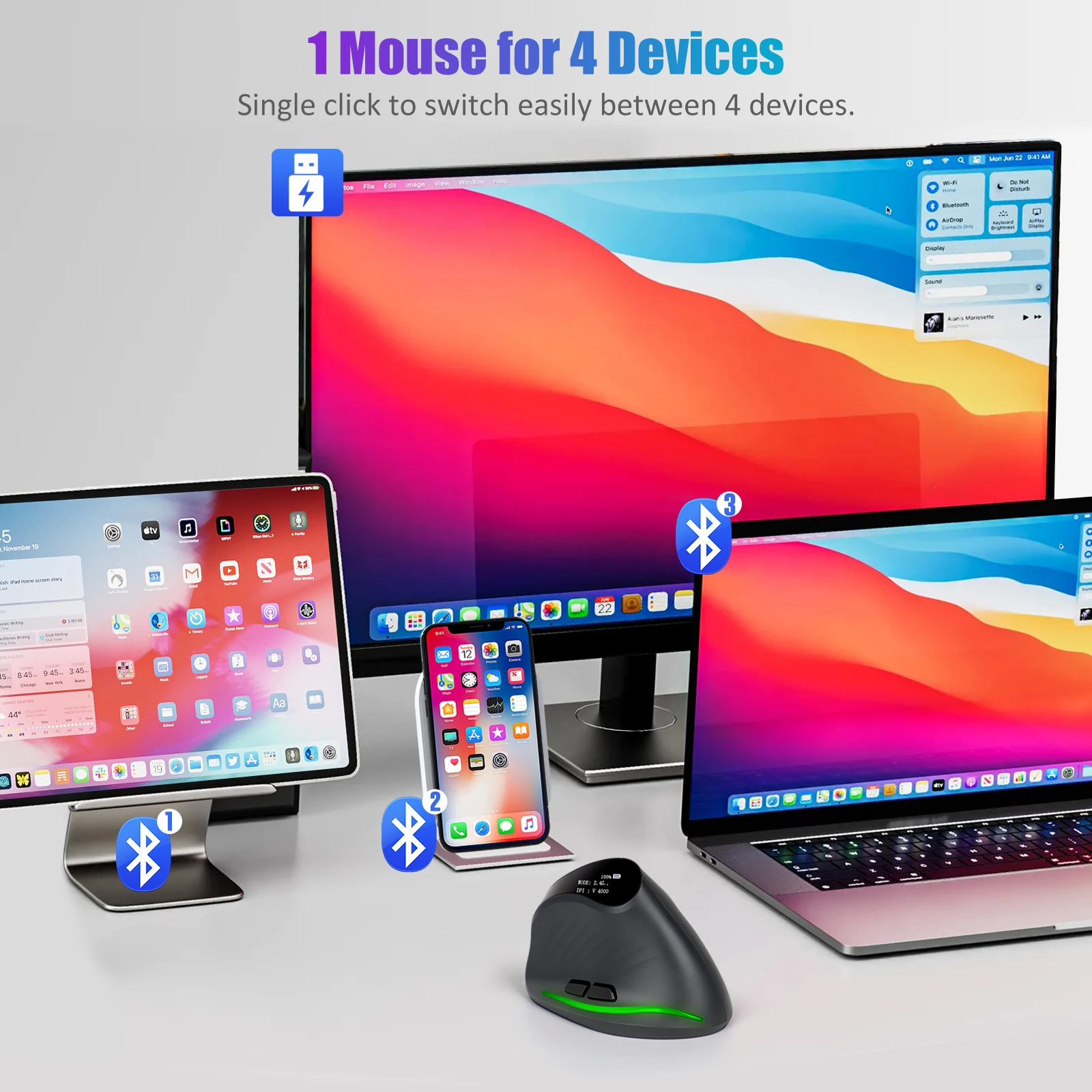 Lefon Programming Vertical Mouse Ergonomic Wireless Bluetooth Mouse 4000DPI with OLED Screen Gaming Mice for Computer PC Laptop