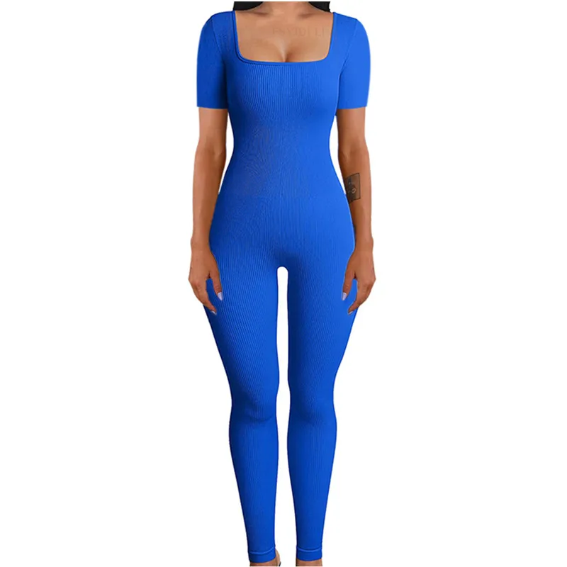 Jumpsuits for Women Black Sexy Tight One Piece Bodycon Rompers Ribbed Square Long Sleeve Overalls Fitness Yoga Jumper Mujer H212