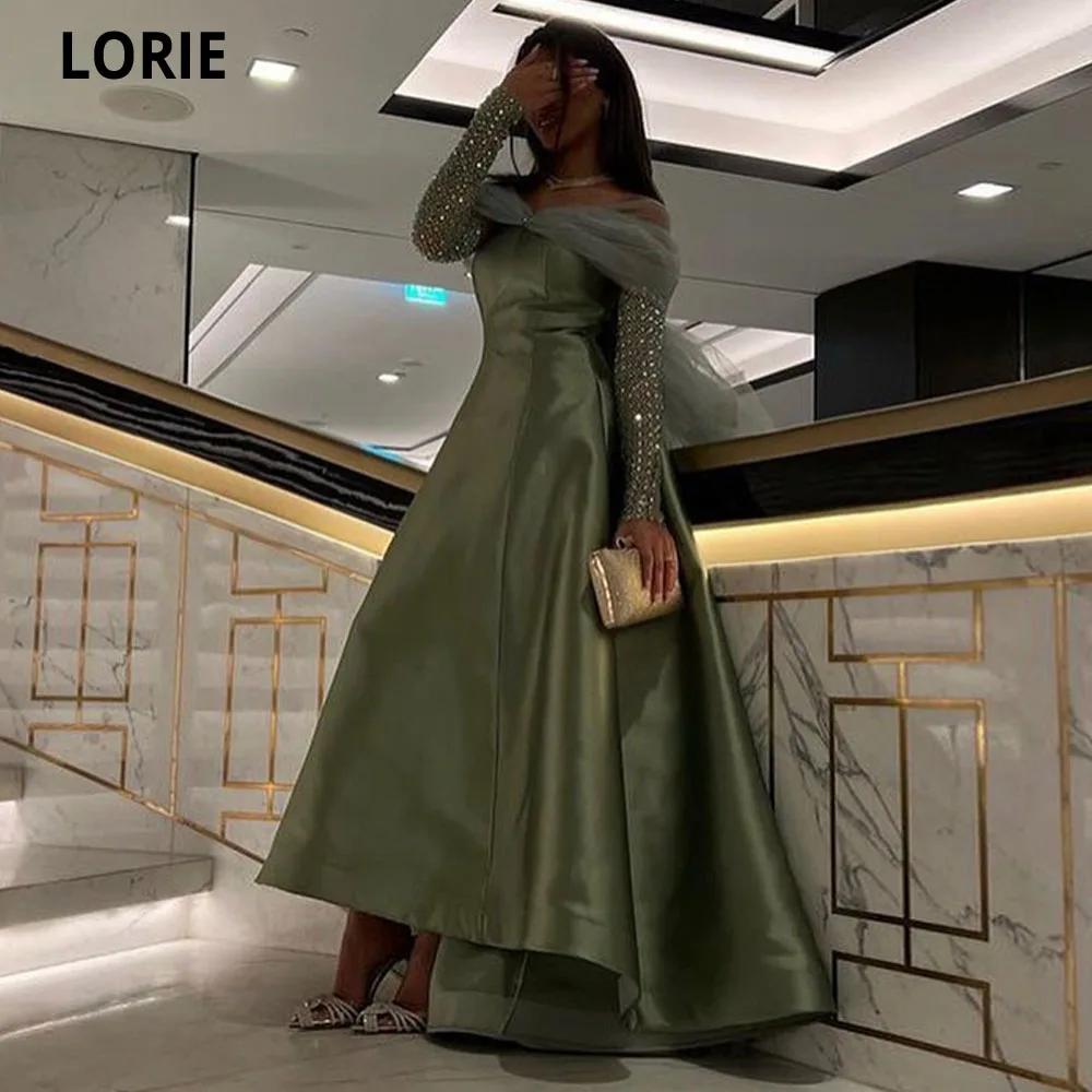 

LORIE Saudi Arabia Mint Green Satin Prom Dresses 2023 Beaded Women Sexy Off Shoulder Long Sleeves Evening Gowns Robe De Soirée