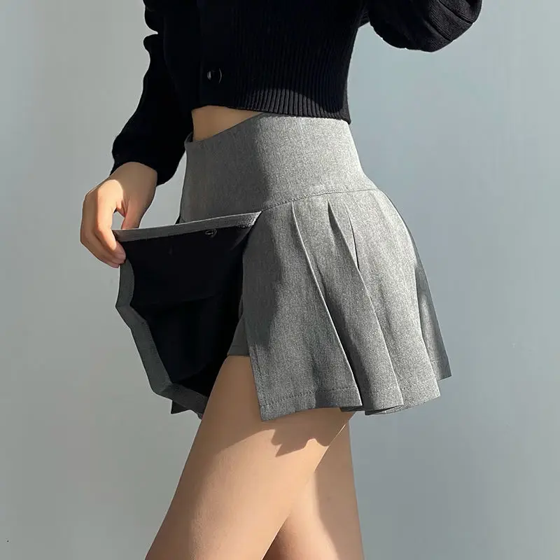 Lucyever Pleated Skirts Women Sexy Slim Side Split Anti-Glare Mini Skirt Female All-Match Solid Color High Waist A Line Skirt