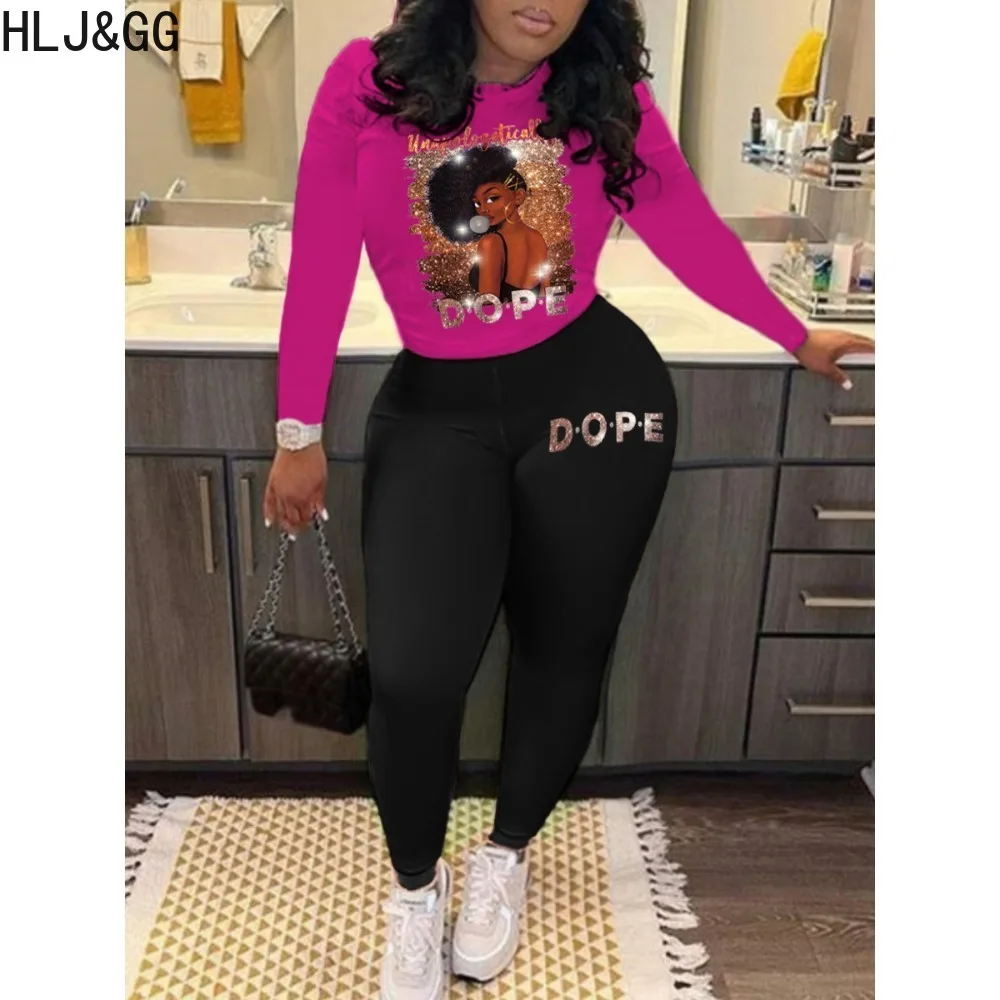 HLJ&GG Rose Casual Patter Print Jogger Pants Sets Women Round Neck Long Sleeve Top And Pants Two Piece Outfits Female Tracksuits [fila]flow jogger pants