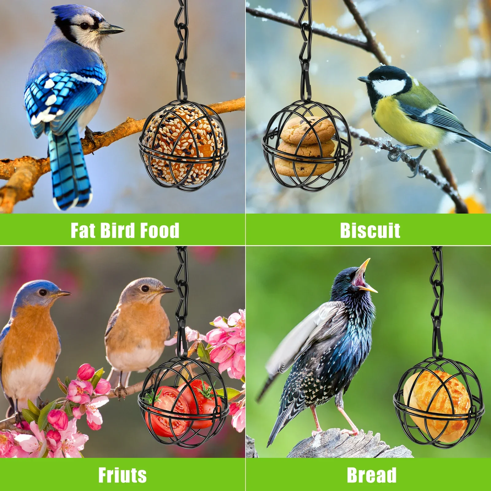Bird Feeder 4Pcs Metal Suet Ball Set Hanging Chain Squirrel Proof Outdoor Garden