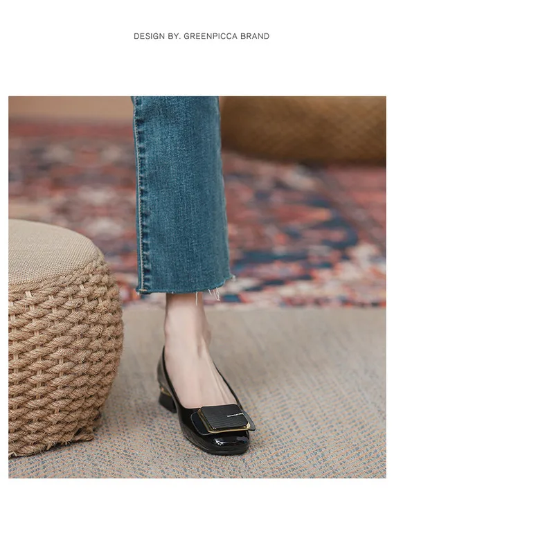 French Style Women's Flat Shoes Leather Square Toe Low Block Heel_voghion.com
