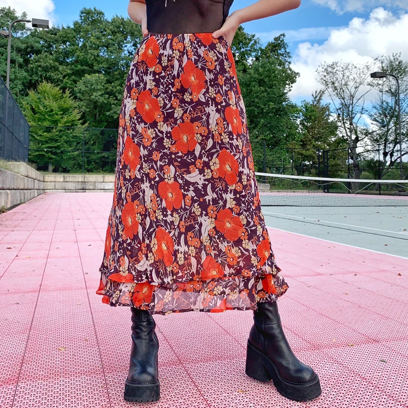 

Women Long Skirt Flowers/Roses Printed High Waist Calf-Length Chiffon Skirts Y2K Ladies Loose Multi-Layer Bottom Outfits
