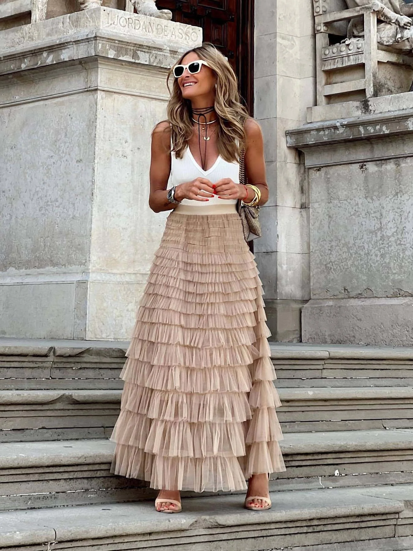 

Elegant Cake Long Skirt Women Summer Elastic Waist Solid Mesh Lace Loose Party Skirts Fashion Hight Waist Beach Boho Skirts