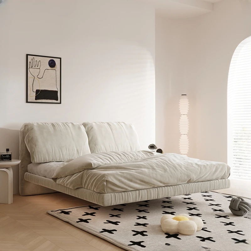 

Cream style elephant ear suspended bed Nordic modern minimalist master bedroom no wash technology fabric double bed