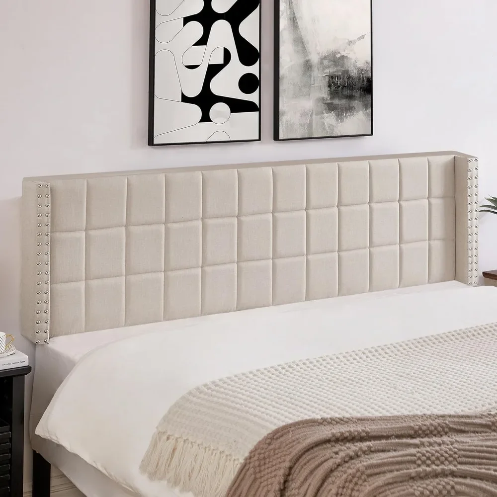 Linen Upholstered Headboard for King Size Bed, Tufted Nailhead & Double Wingback for Bedroom, 6 Adjustable Position from