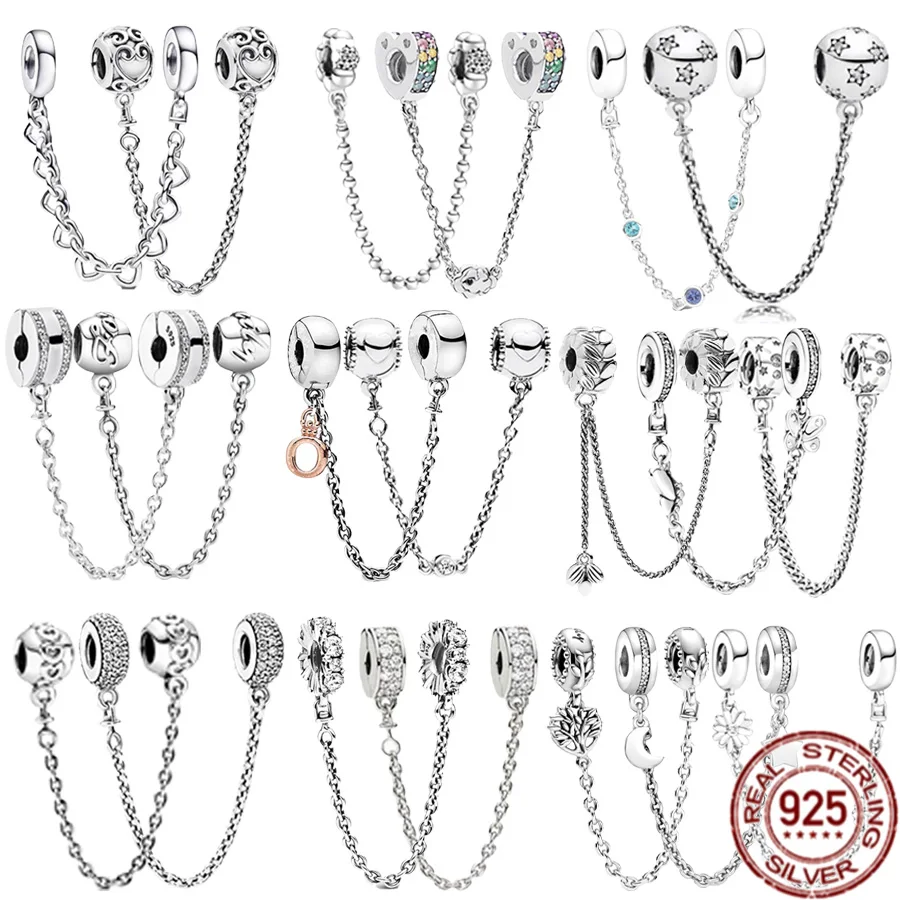 

100% Real 925 Sterling Silver Crown Herbarium Moon & Star Safety Chain Charm Bead Fit Original Pandora Bracelet DIY Jewelry Gift