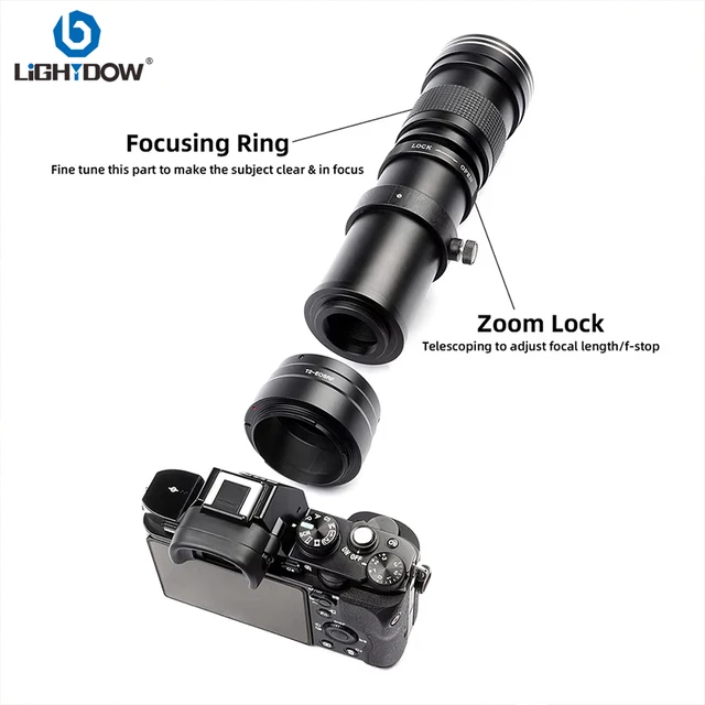 Lightdow 420-800mm F8.3-F16 Manual Zoom Super Telephoto Lens with T Mount Ring for Nikon Canon Sony Fuji Olympus Camera Lenses