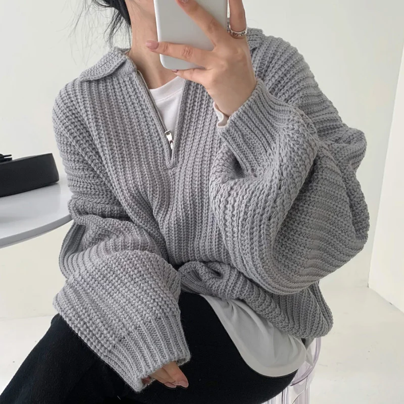 

Vintage Thicken Warm Knitted Women Sweater Pullovers Autumn Winter Zipper Loose Female Pulls Outwear Coats Tops