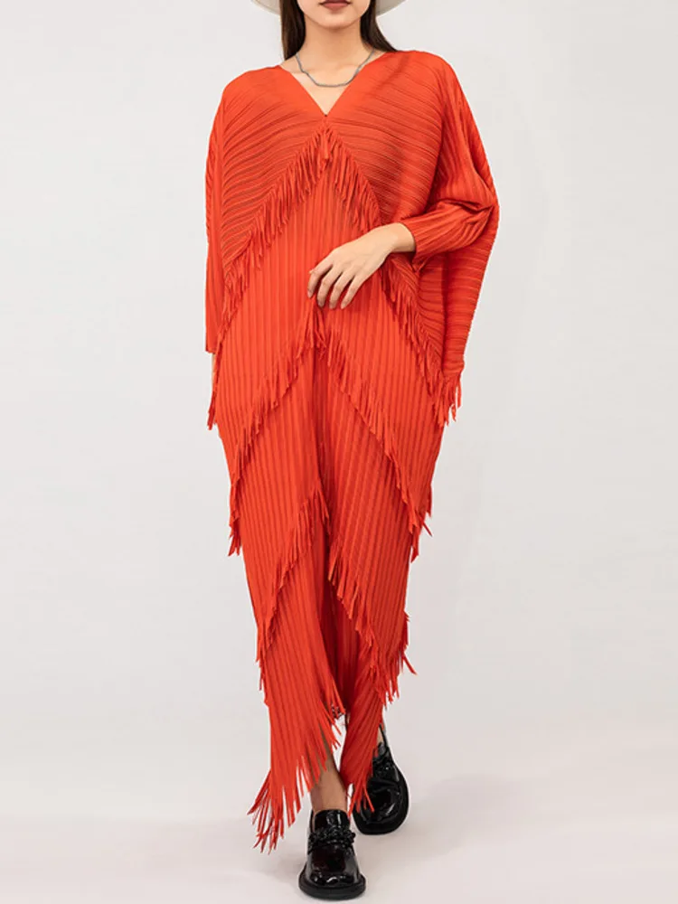

Miyake Tassel V-neck Pleated Long Dress Women Loose Half Sleeve Solid Color 2023 Summer Female Temperament Clothing