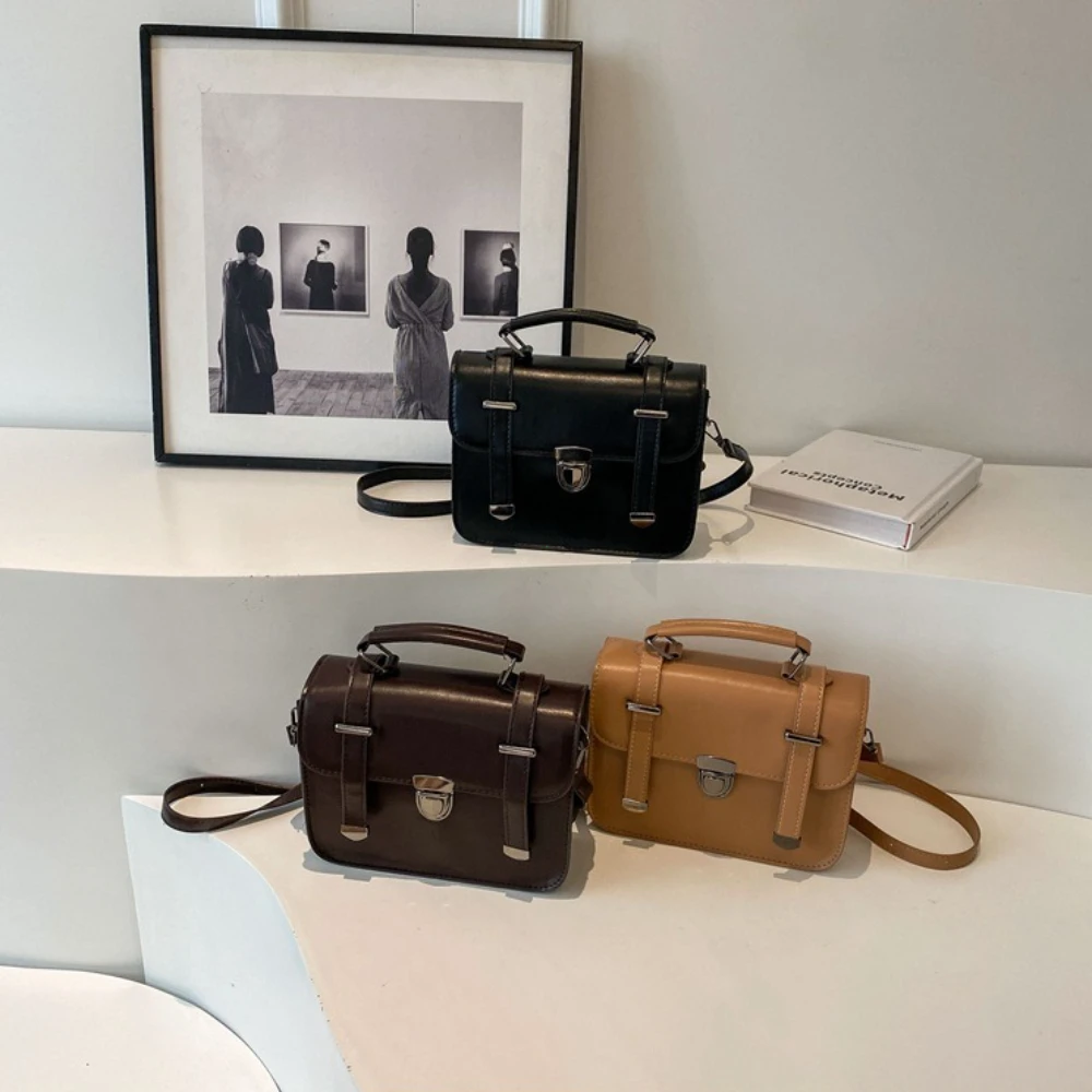 Girls Hundred Retro Small Square Bag Female Students Simple Crossbody College Style Shoulder Handbag Metal Lock Buckle Decoratio - 5