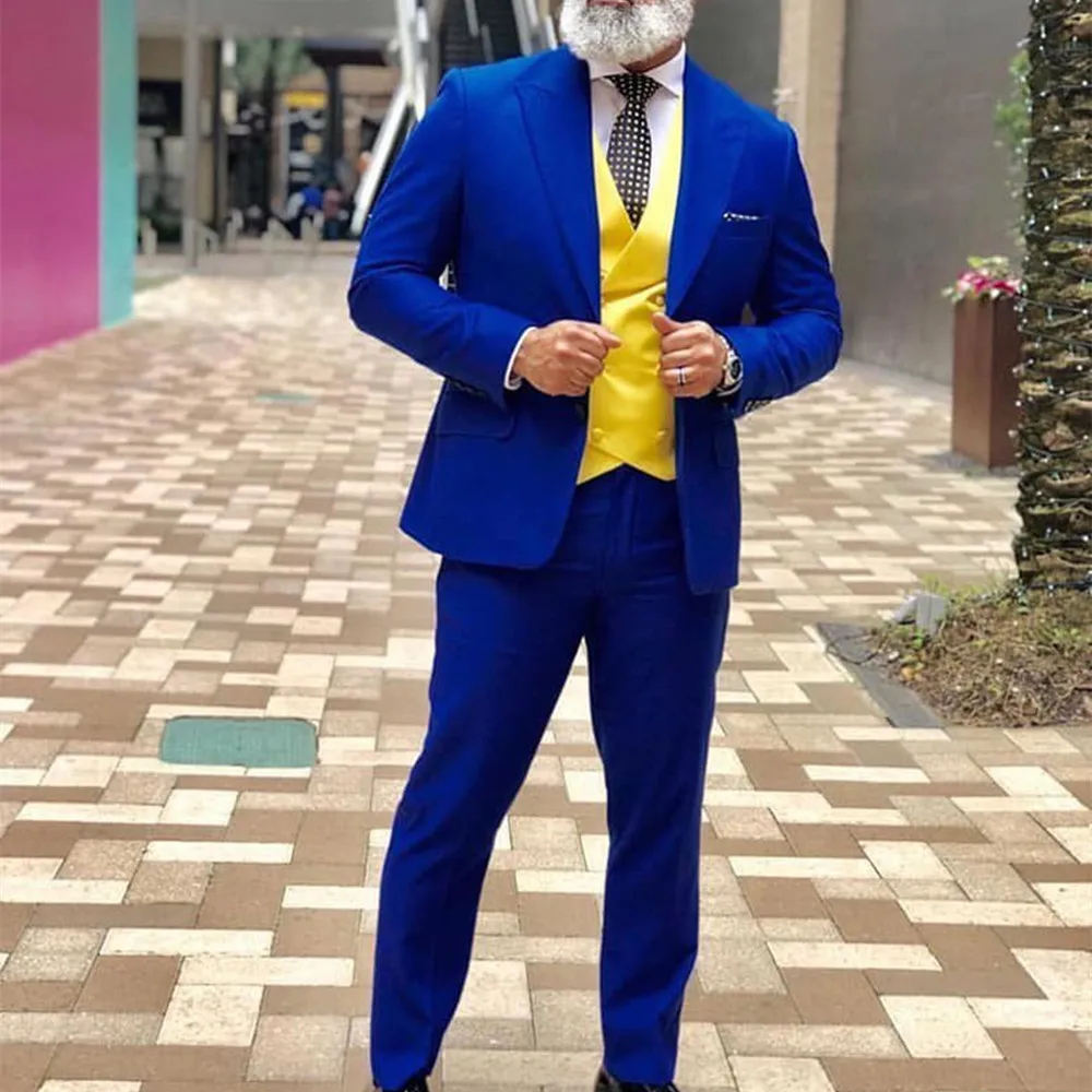 

New Style Groomsmen Peaked Lapel Groom Tuxedos Royal Blue Men Suits Wedding Best Man ( Jacket+Pants+Vest )