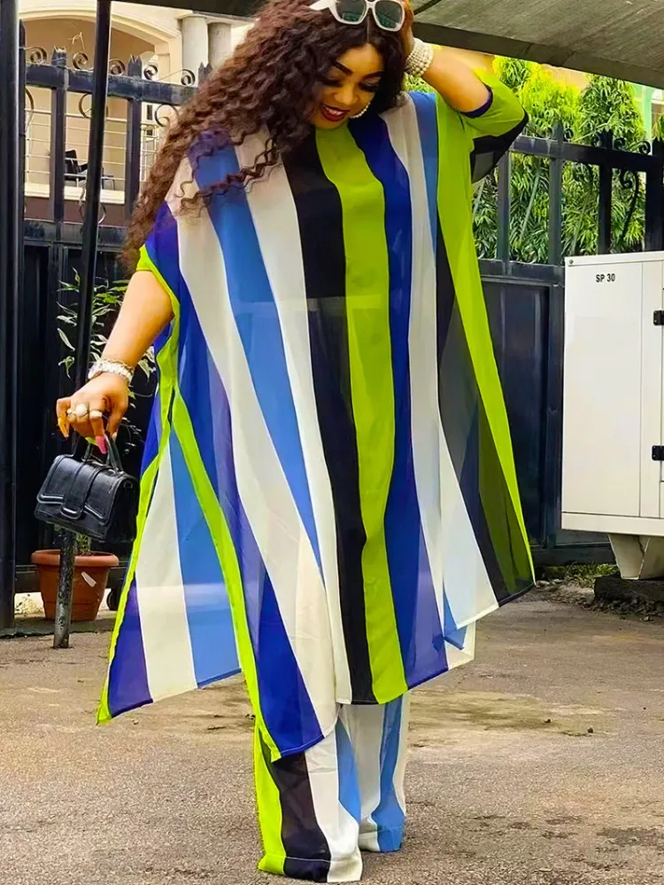 

Chiffon Two-piece Set For Women Outfits Fashion Suit Striped Printed Tops And Wide-leg Pants 2 Piece Party Lady Matching Sets