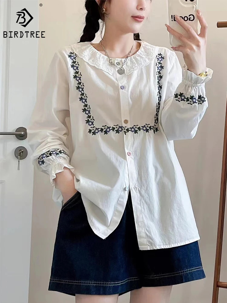 

2023 Осенняя новая хлопковая рубашка, Милая Кружевная вышитая кукольная рубашка с длинными рукавами, эластичная универсальная Свободная блузка для женщин, T39435QD