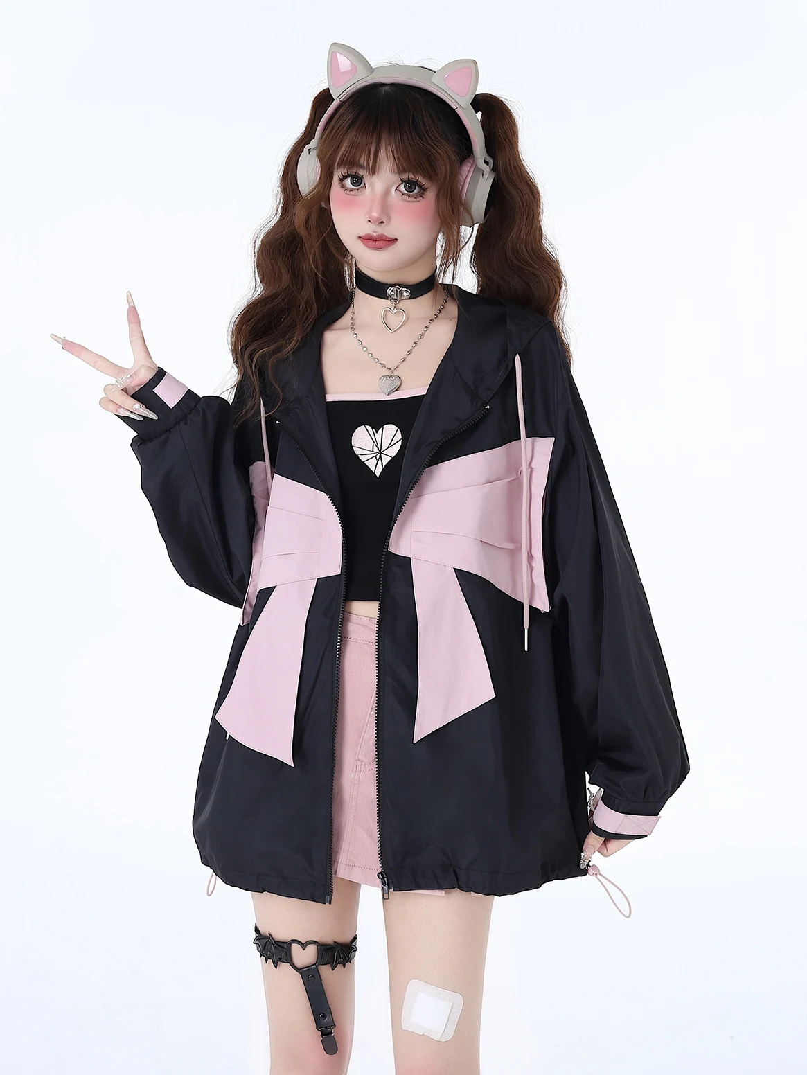 Sweet Cool Contrast Color Bow Hooded Jacket Women 2024 Early Spring Original Loose Long Sleeve Thin Sun Protection Coat Female