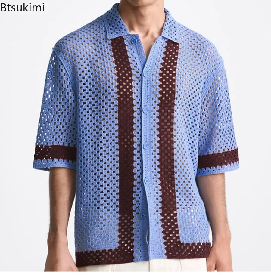 2024 Men's Hollow Out Knitwear Cardigan Summer Short Sleeve Contrast Color Lapel Tops Fashion Casual Streetwear Polo Shirt Male