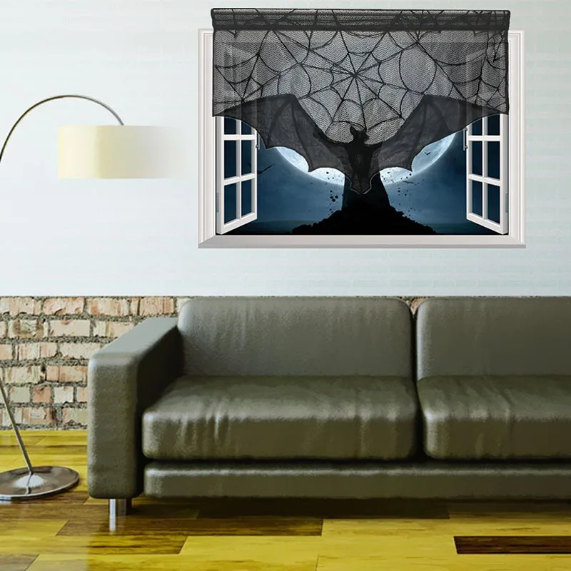 Halloween Decorative Bats Tablecloth Black Lace Spider Web Curtains Stove Towel Lampshade Fireplace Cloth For Spooky Festival