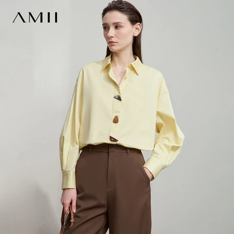 AMII 2025 Autumn Shirts Minimalism Tops 100% Cotton Long Sleeves Solid Shirt Office Lady Buttons Pullovers Blouse 12523091