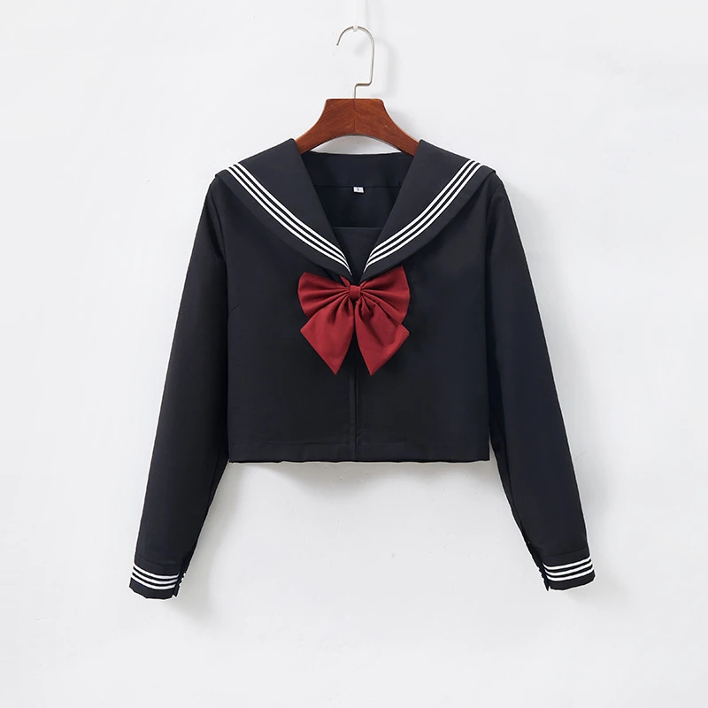 Japanese School Uniform Girls Jk Suit Red Tie Black Three Basic Sailor Uniform Women Long Sleeve Suit Plus Size