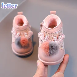 Bottes de neige pour enfants, chaussures de marche chaudes antidérapantes en coton, en dentelle et bois rose tendance, en velours Plus épais, nouvelle collection hiver 