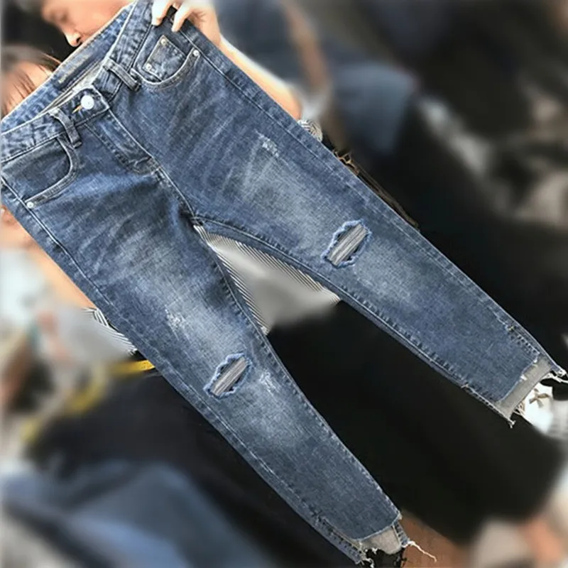 Broken Jeans Female Autumn High Waisted Thin Slim Nine Minute Pencil Leggings spring high waisted women s denim seven minute trousers loose fashion wide legged trousers thin section of casual jeans female