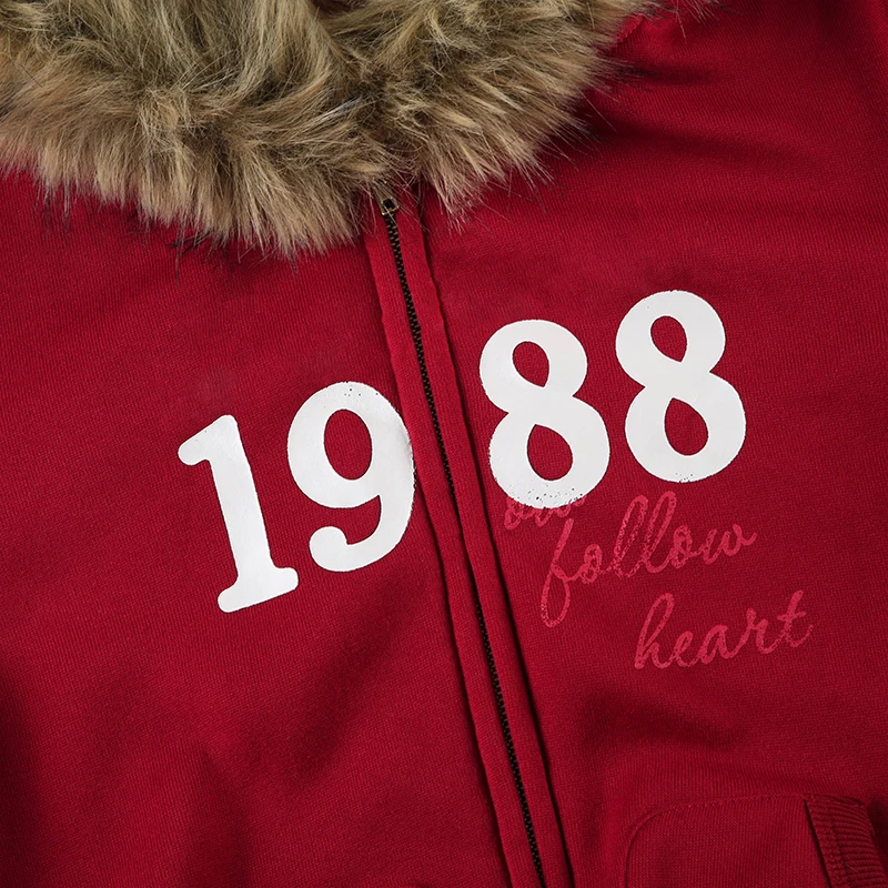 Sudadera con capucha y ribete de piel Y2K con estampado de letras rojas, abrigo con cremallera y bolsillo para mujer, ropa de calle de invierno de los 90, ropa de abrigo vintage